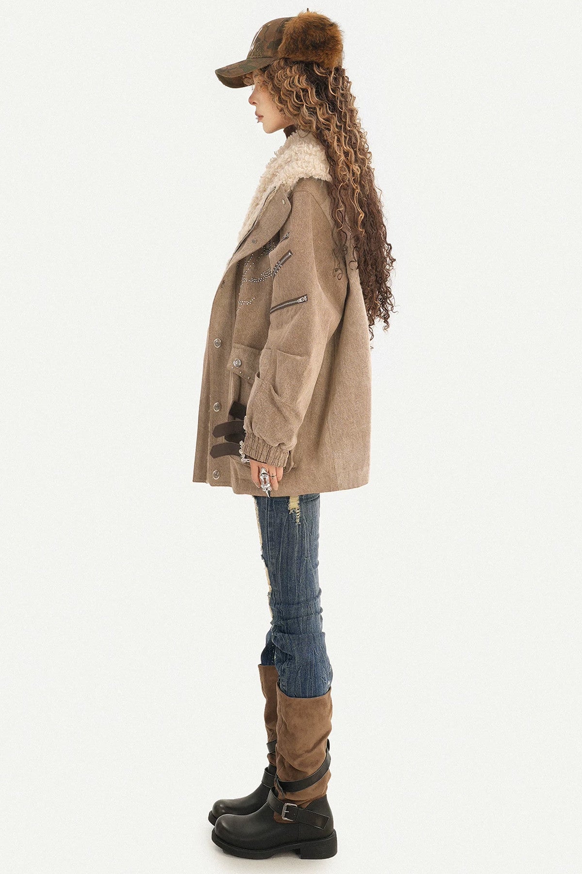 Maillard Fleece-Lined Hooded Fur Collar Jacket