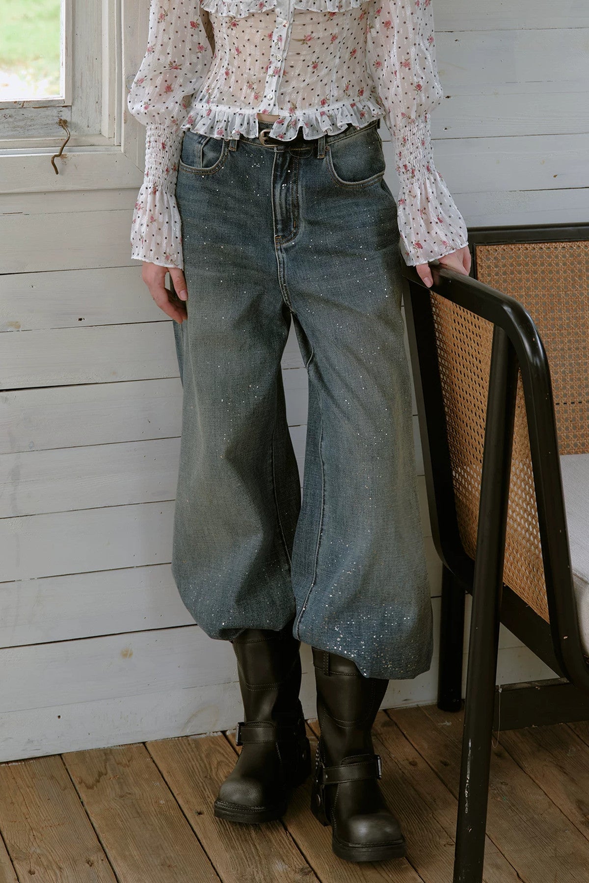 Gold-Stamped Starry Wide-Leg Jeans