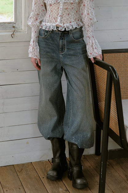 Gold-Stamped Starry Wide-Leg Jeans