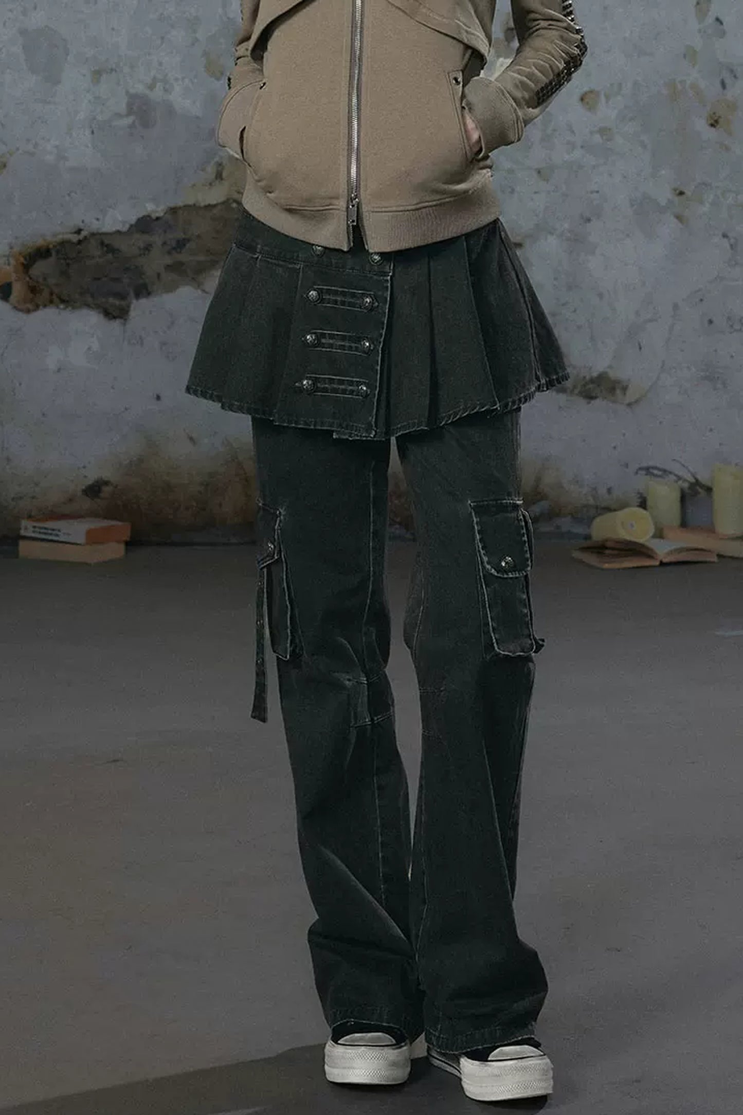 Pleated Skirt Panel Straight-Leg Flared Workwear Pants