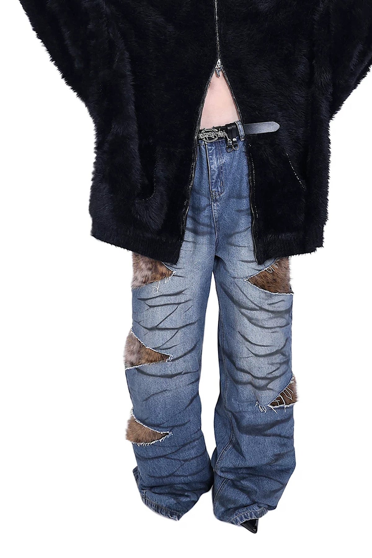 Leopard Fur Patched Loose Denim Jeans