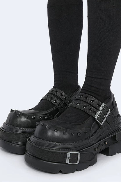 Studded Buckle Platform Mary Janes Shoes