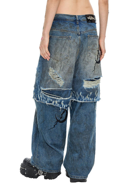 Electric Moon Distressed Double Layer Stacked Jeans
