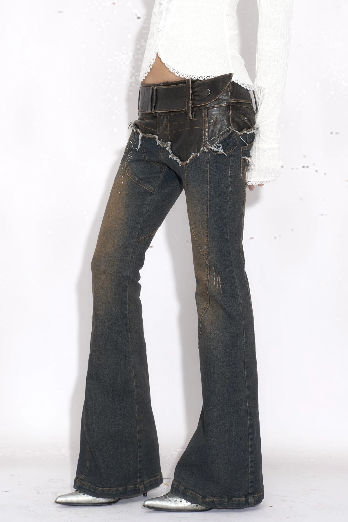 Leather Patchwork Rhinestone Flared Jeans