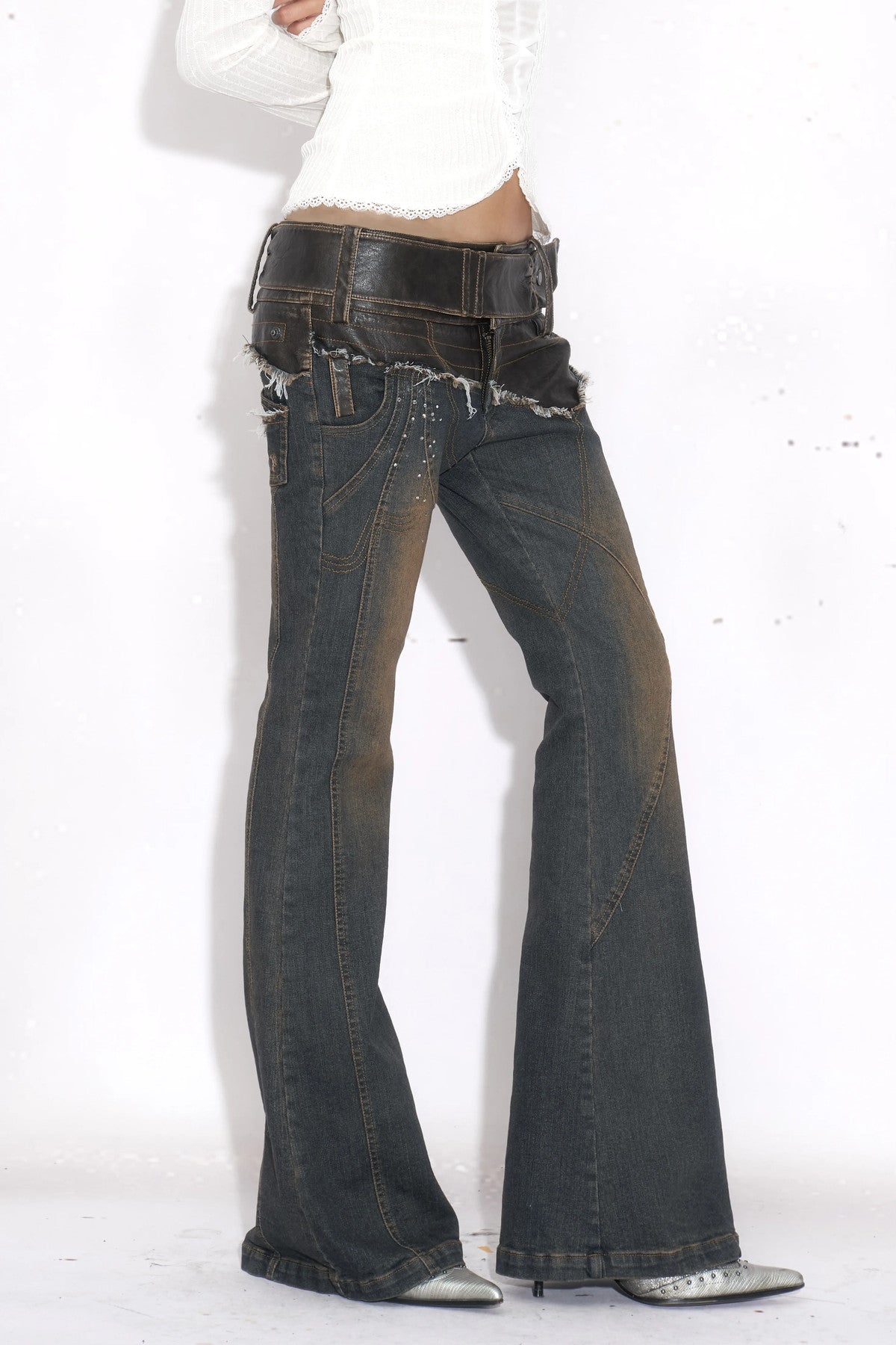Leather Patchwork Rhinestone Flared Jeans