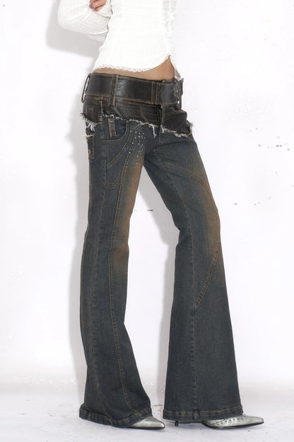 Leather Patchwork Rhinestone Flared Jeans