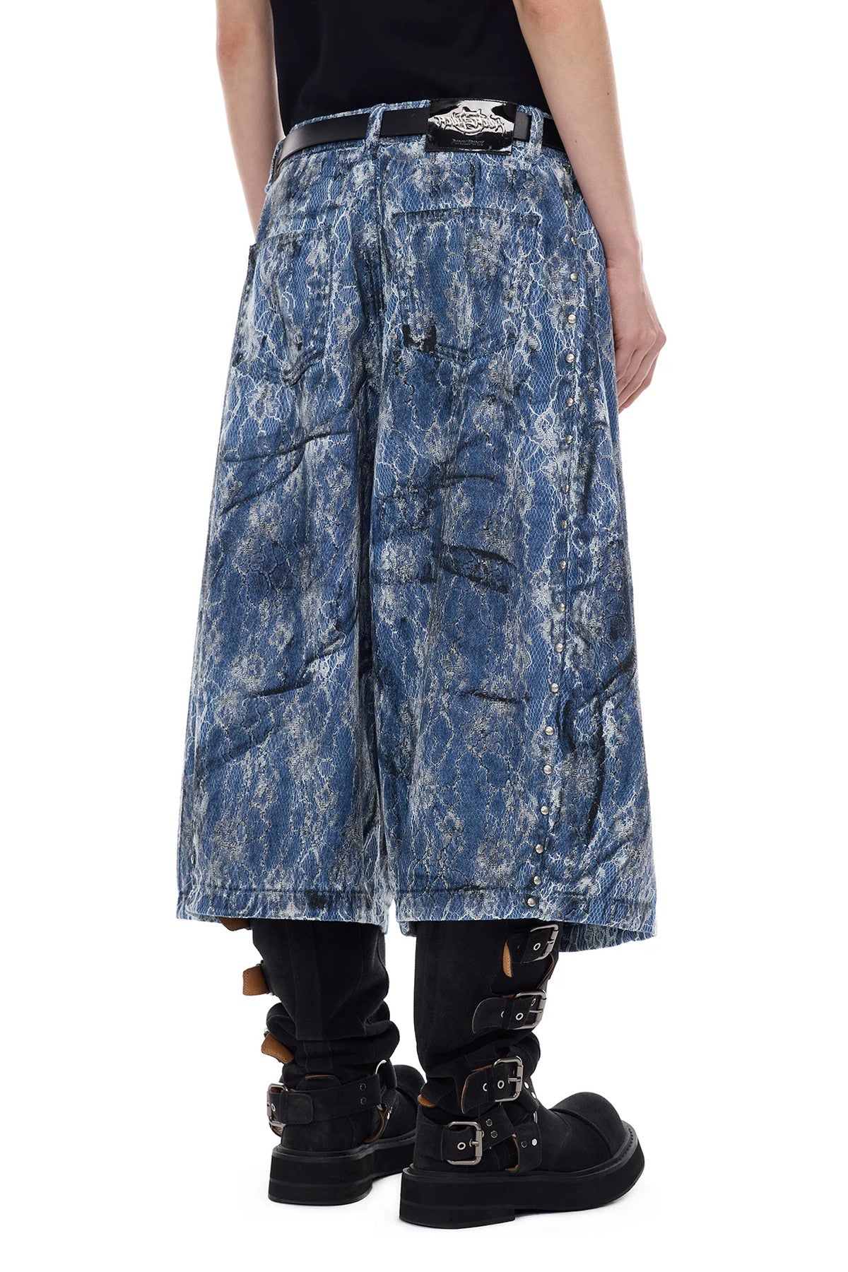Rivet Structure Lace Denim Wide Leg Shorts