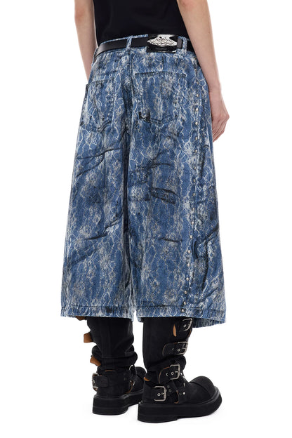 Rivet Structure Lace Denim Wide Leg Shorts