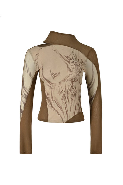 Weight Fragment Printed Mesh Half-High Collar T-Shirt