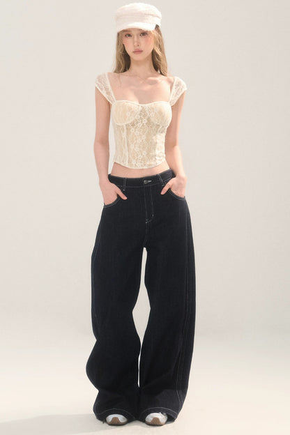 Rhinestone Wide-Leg Denim Pants