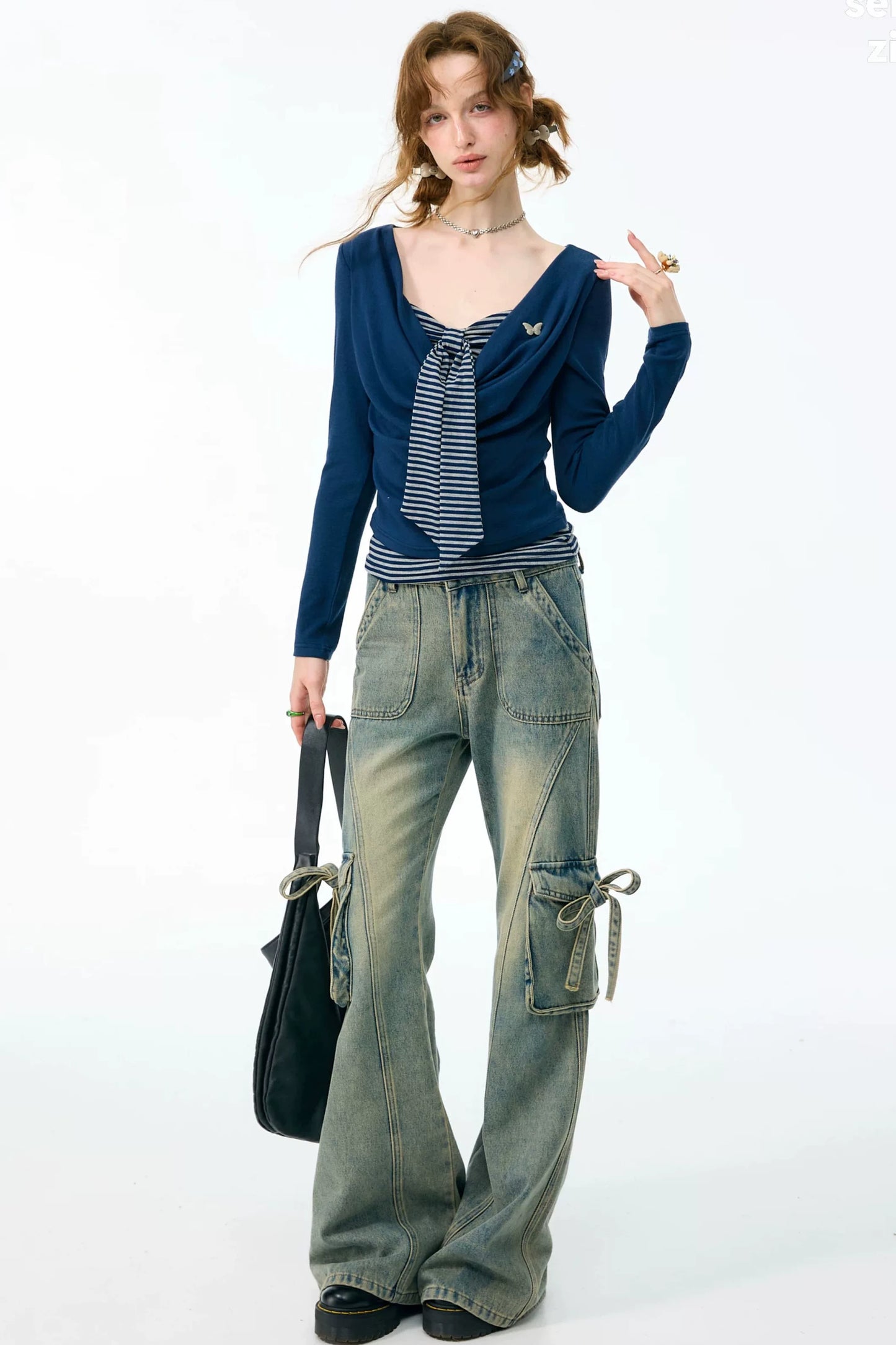 Haut en tricot rayé gris bleu