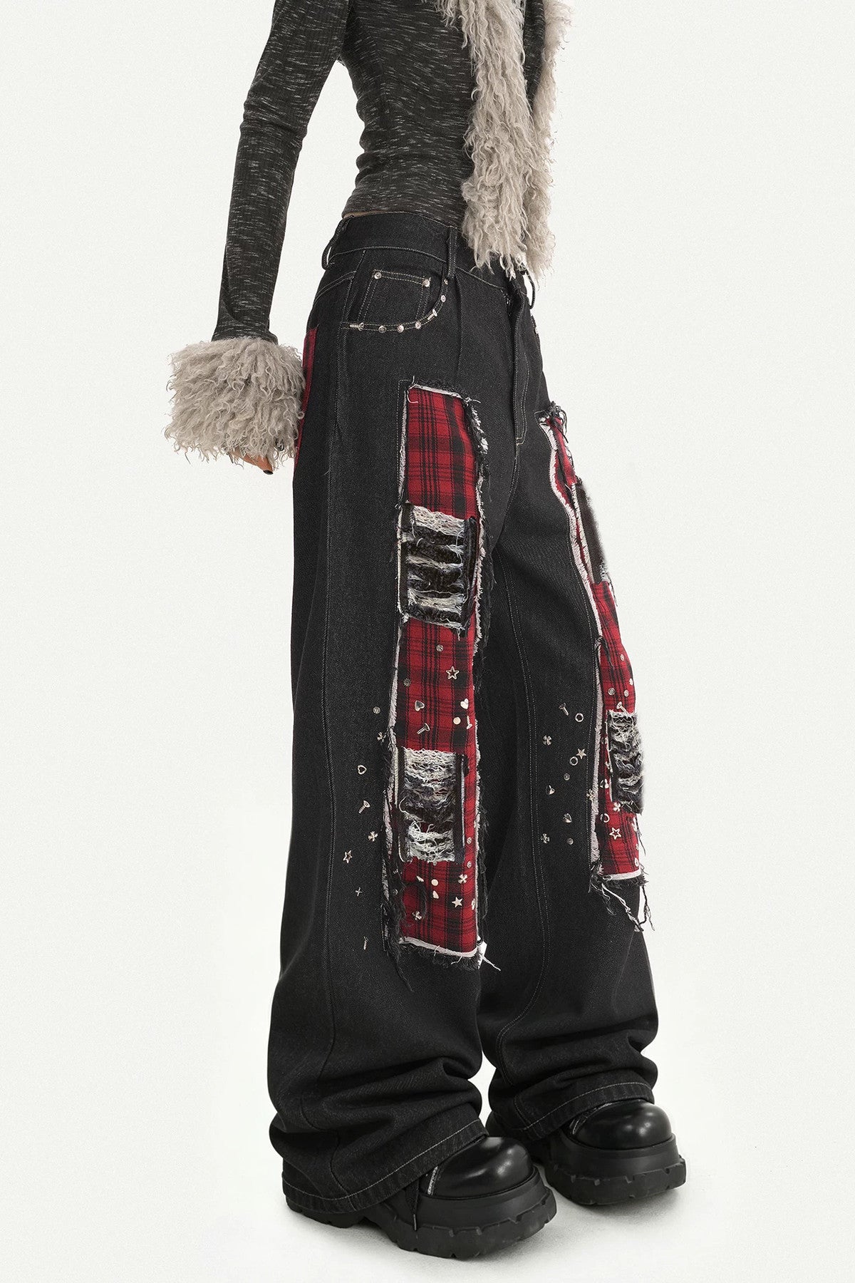 Black Red Plaid Punk Jeans