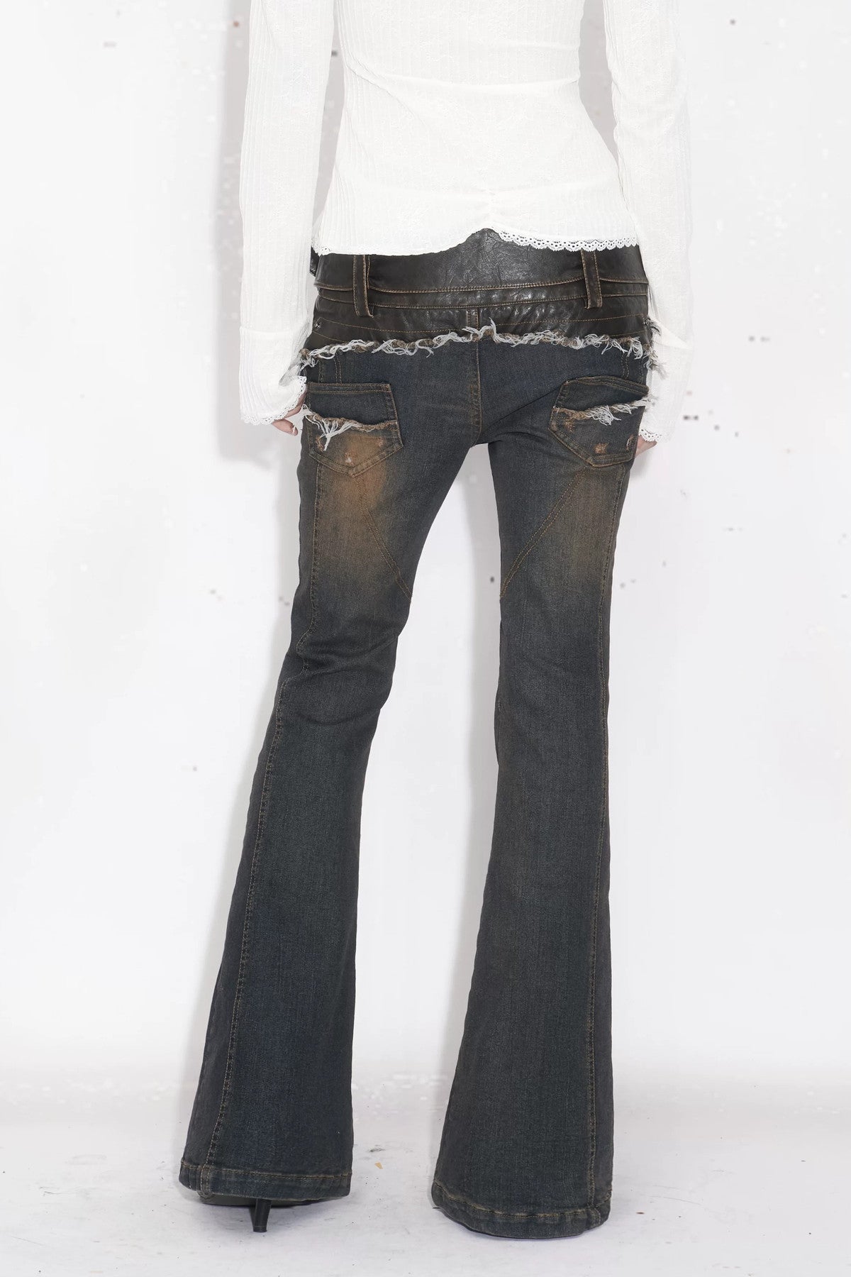 Leather Patchwork Rhinestone Flared Jeans
