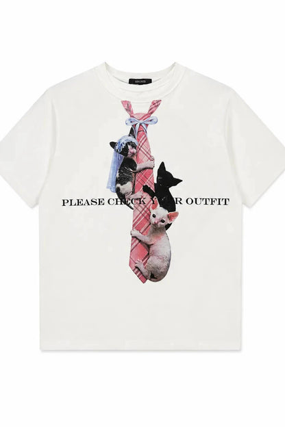 Plaid Tie Cat Print T-Shirt