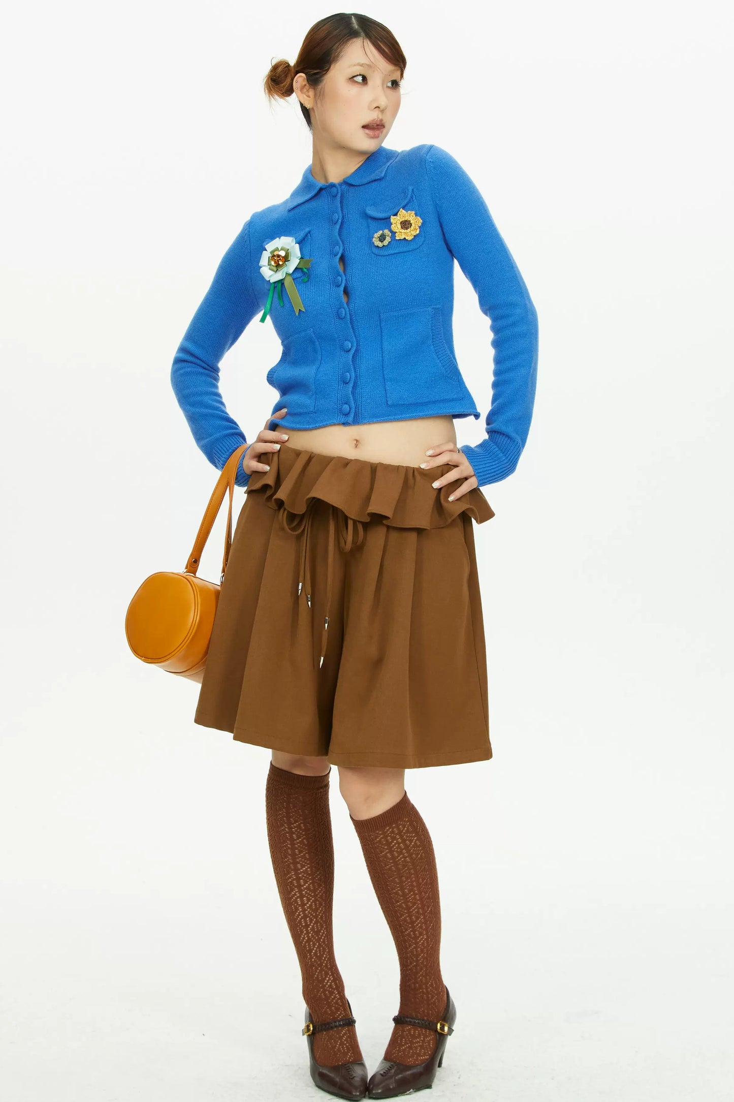 Brown Wide-Leg Ruffle Waist Shorts