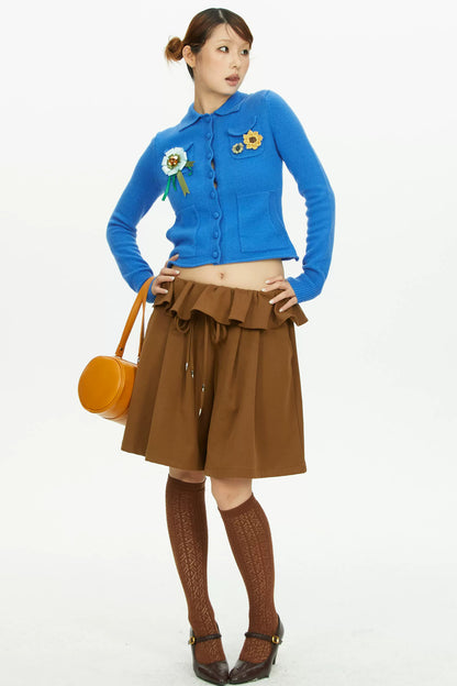 Brown Wide-Leg Ruffle Waist Shorts