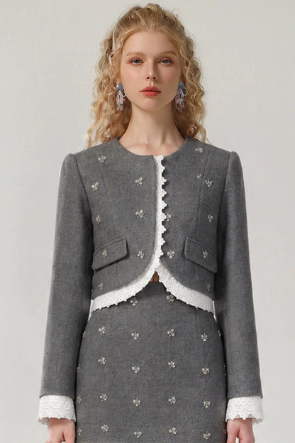 Grey Round Neck Top and Skirt Set