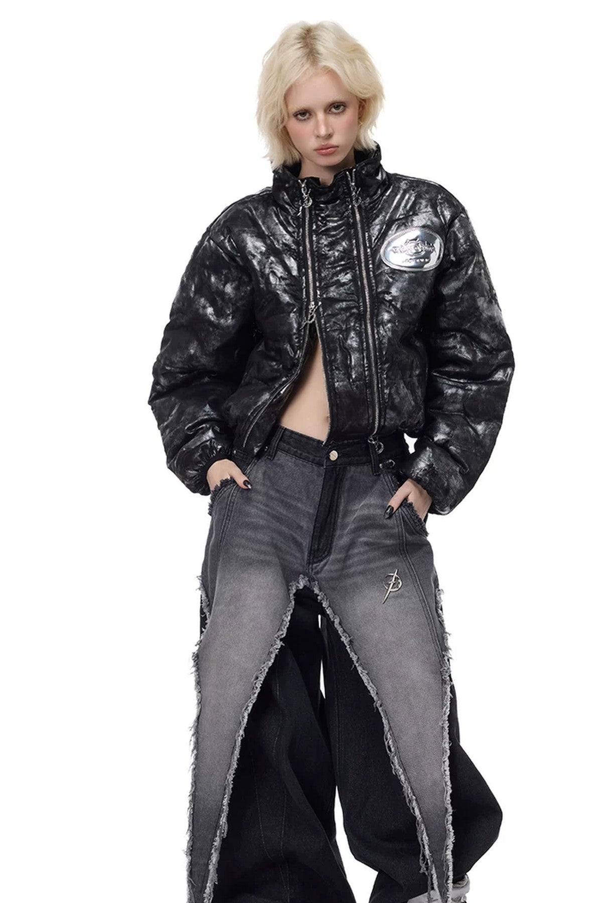 Y2K Space Black Silver Double Zipper Jacket