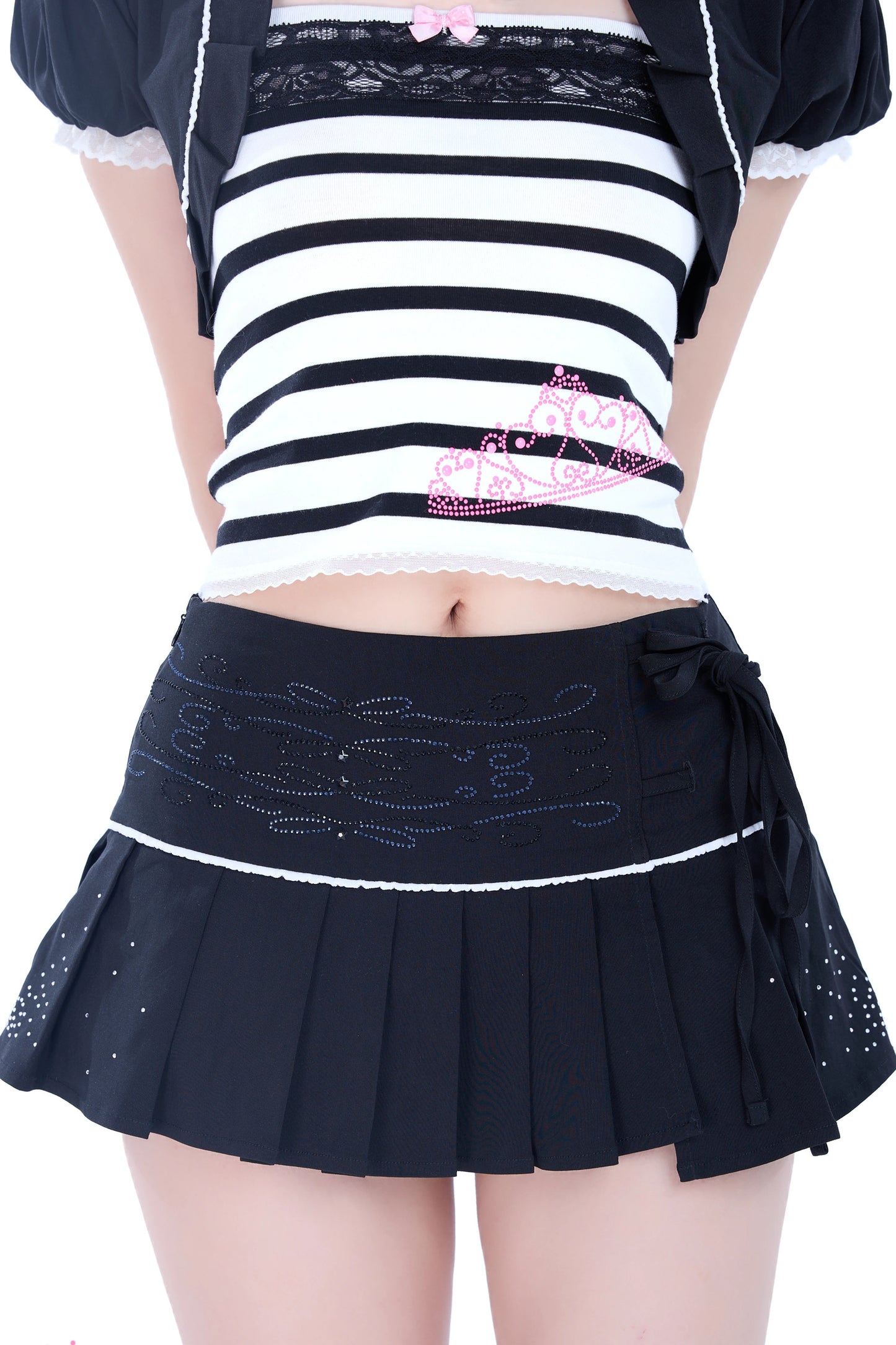 Bow Vine Rhinestone Lace Pleated Skirt