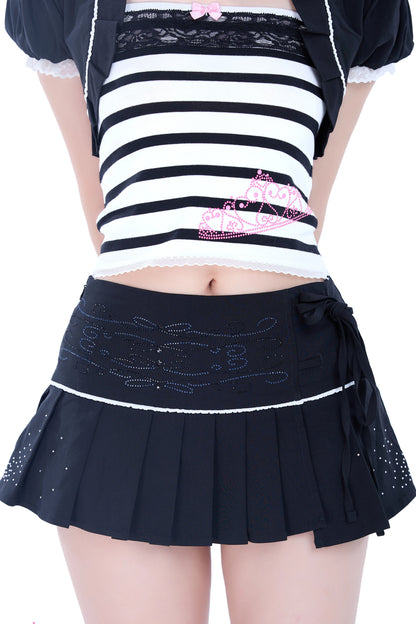 Bow Vine Rhinestone Lace Pleated Skirt