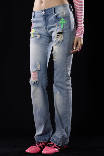 Light Blue Ripped Flared Jeans