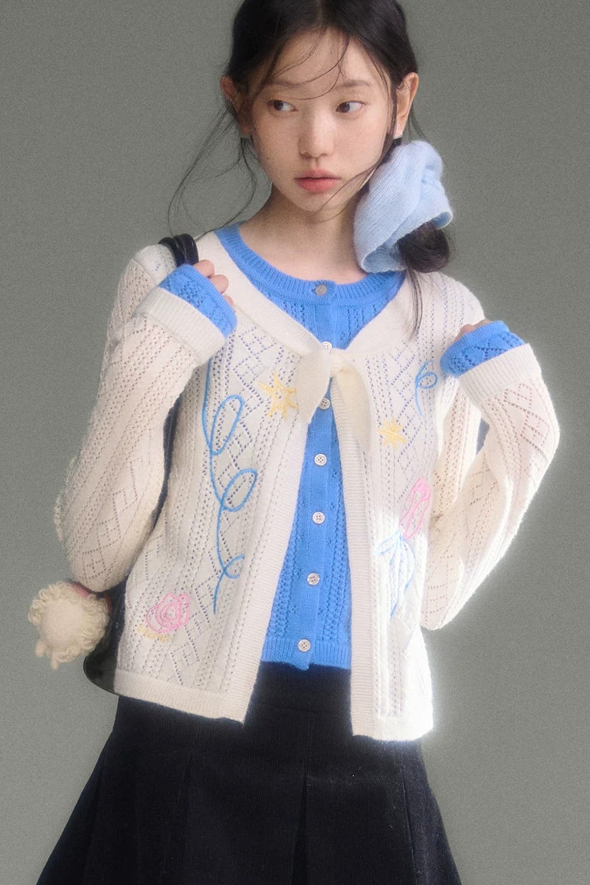 Two-Piece Wool-Blend Tulip Embroidery Knit Cardigan And Skirt Set-Up