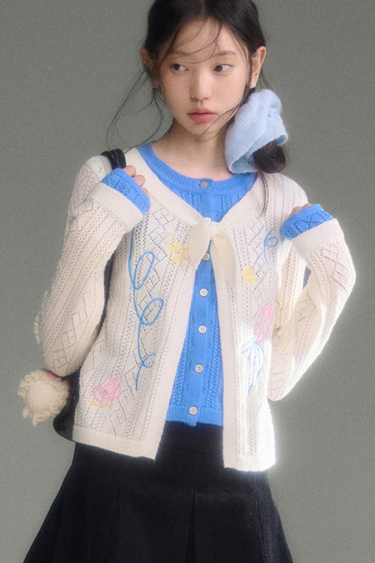 Two-Piece Wool-Blend Tulip Embroidery Knit Cardigan And Skirt Set-Up