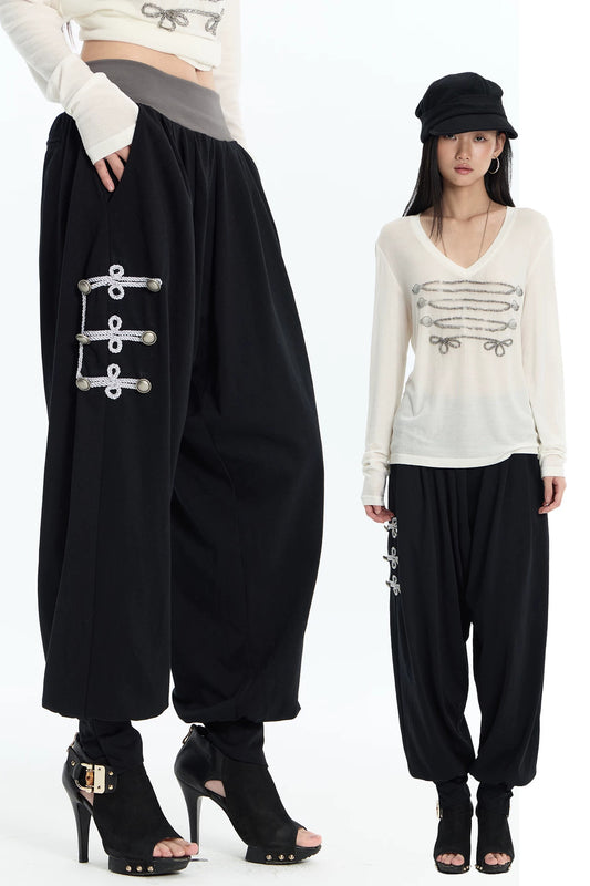 Low-Waist Metal Buckle Wide-Leg Tapered Pants