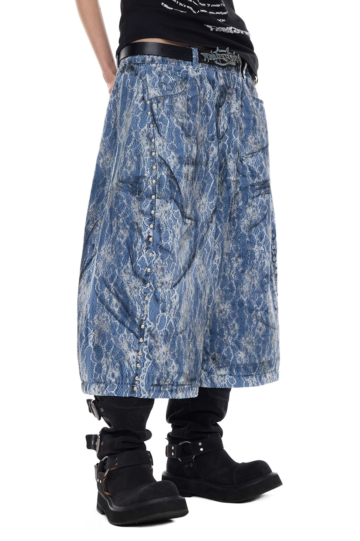 Rivet Structure Lace Denim Wide Leg Shorts