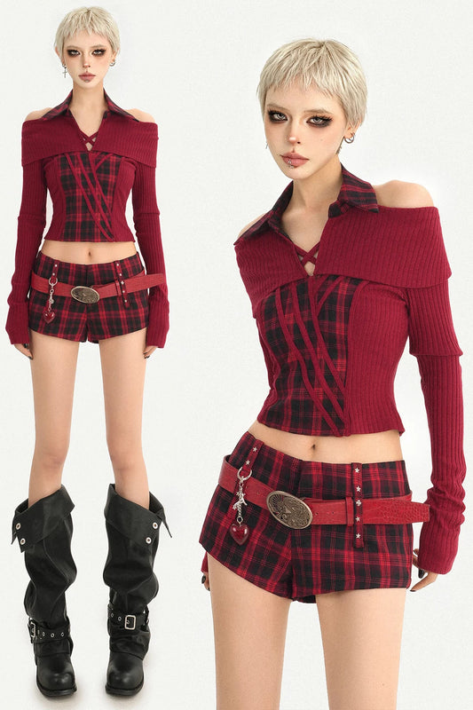 Red Black Off-Shoulder Knit Top and Shorts Set-Up