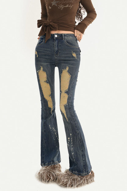High-Waisted Ripped Straight Flared Jeans