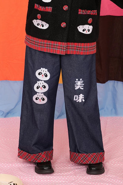Panda Embroidered Straight Wide-Leg Jeans