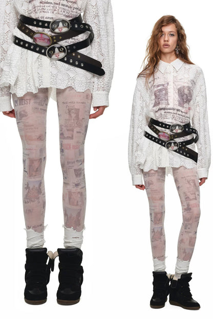 Retro Cat Irregular Newspaper Print One-Piece Stockings