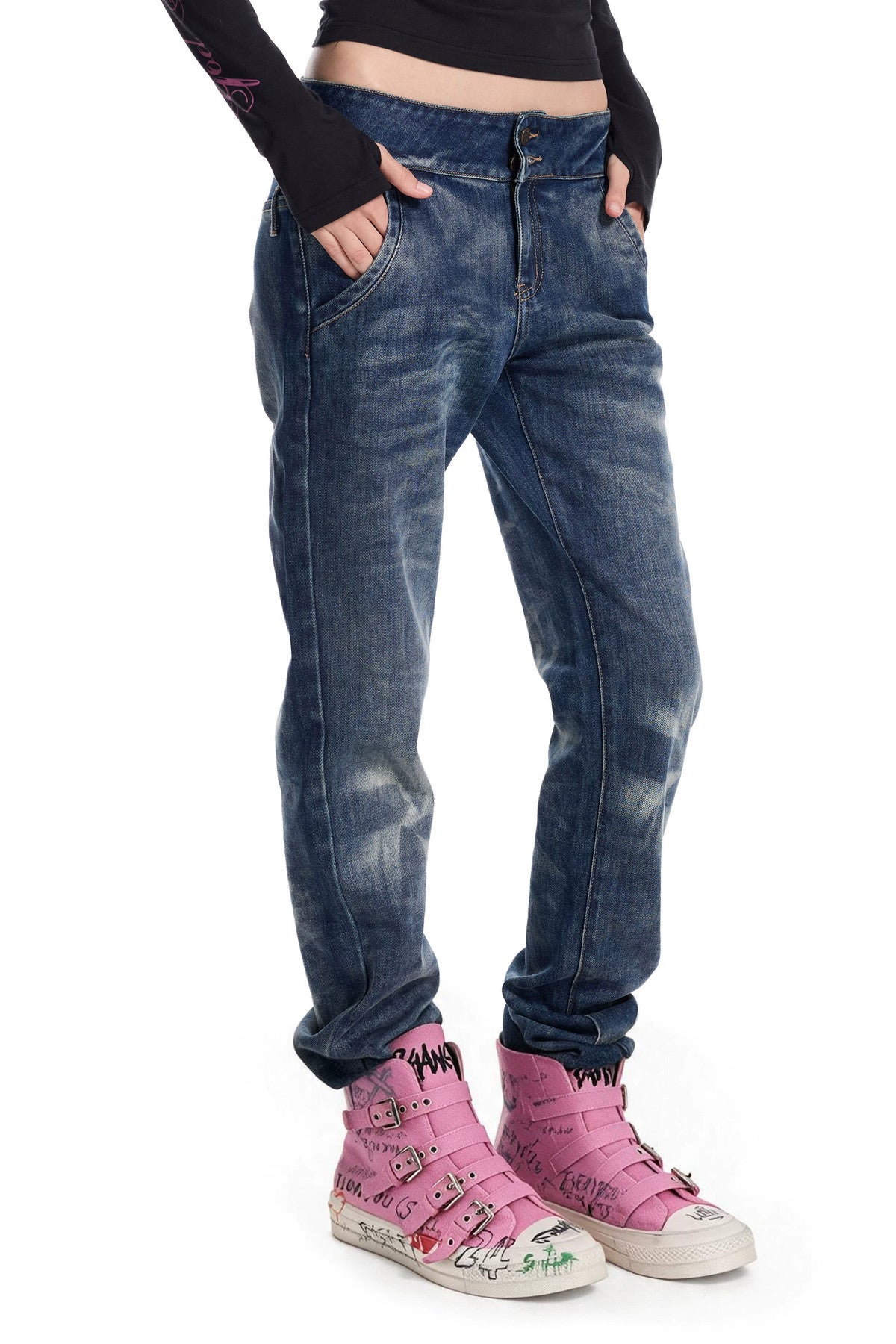 Snowflake Stone-Washed High-Waist Jeans