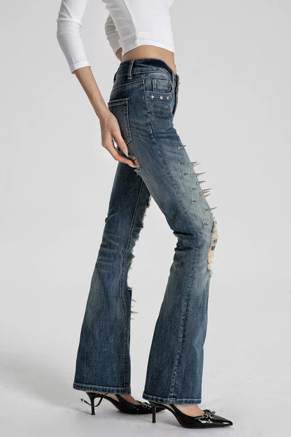 Spiked Snake Patch Flared Jeans