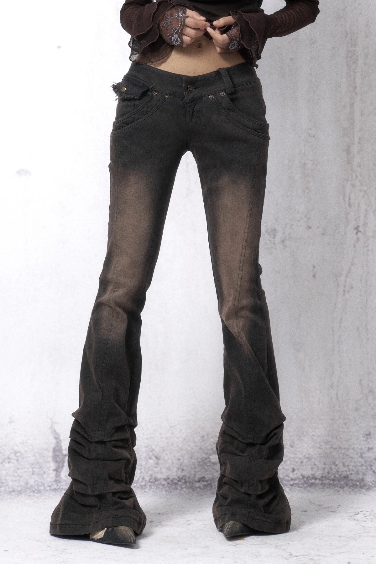 Washed Distressed Stacked Hem Jeans