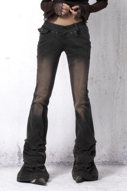 Washed Distressed Stacked Hem Jeans