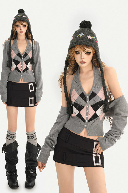 Argyle Knit Halter Vest Shawl Cardigan Set