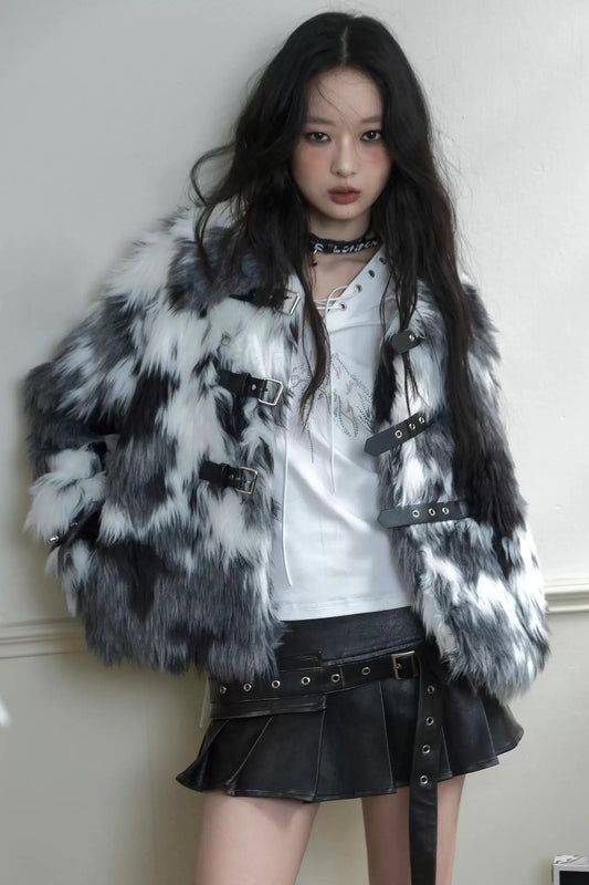 Studded Black White Faux Fur Jacket