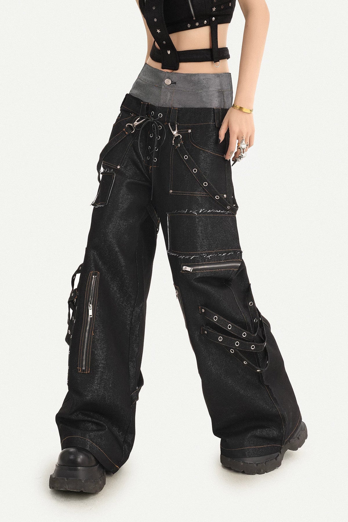 Punk Layered-Look Workwear Jeans