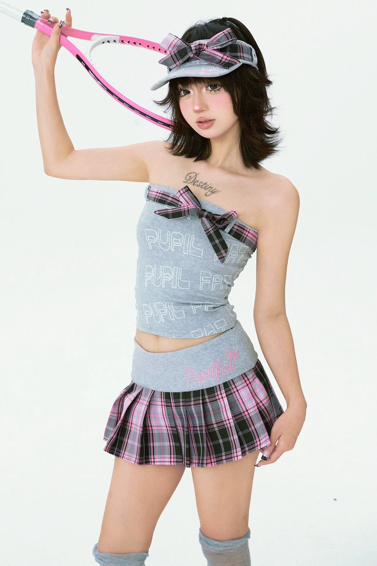 Detachable Bow Plaid Visor Hat