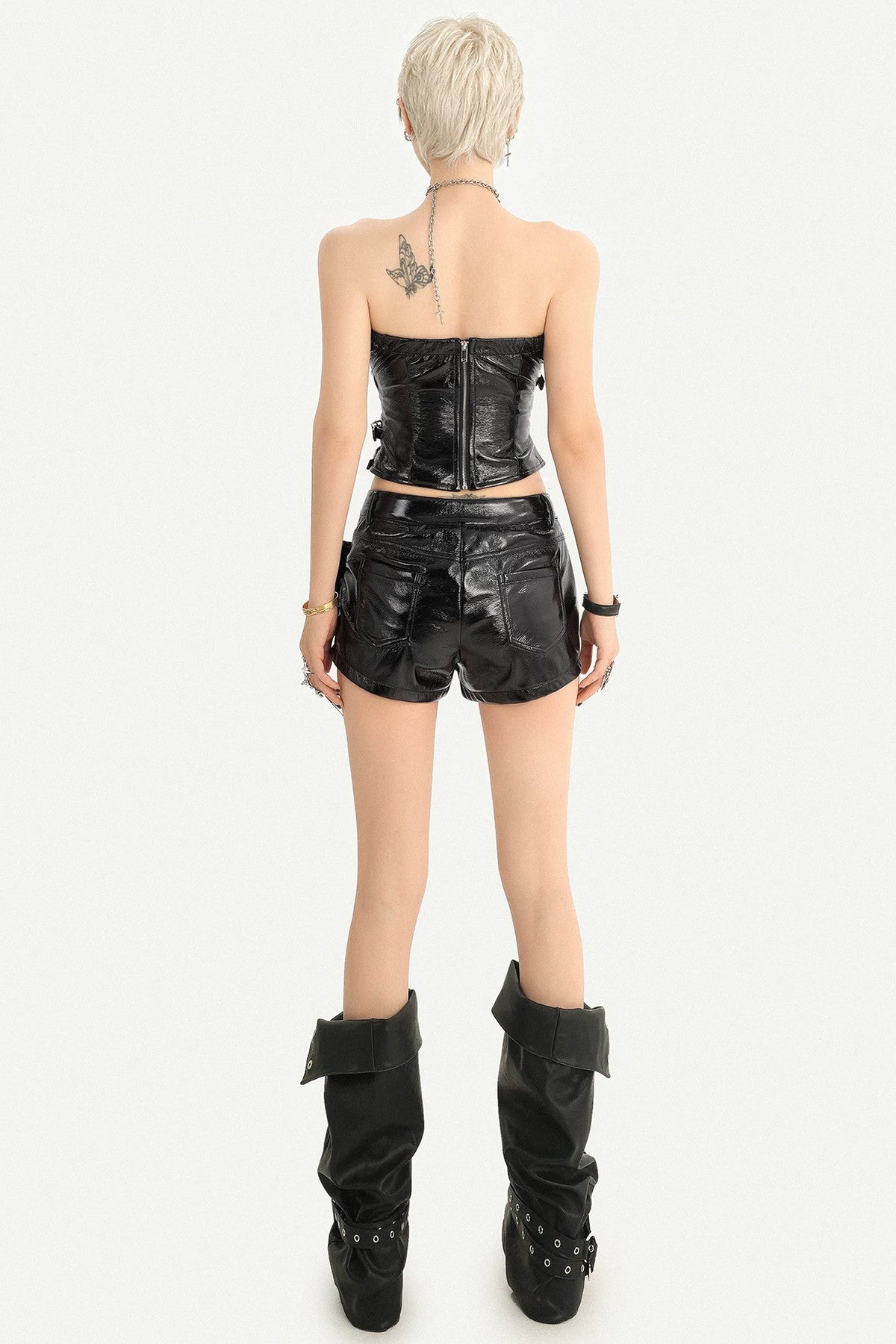 Low-Waist Punk Leather Eyelet Skirt Pants and Tube Top Set-Up