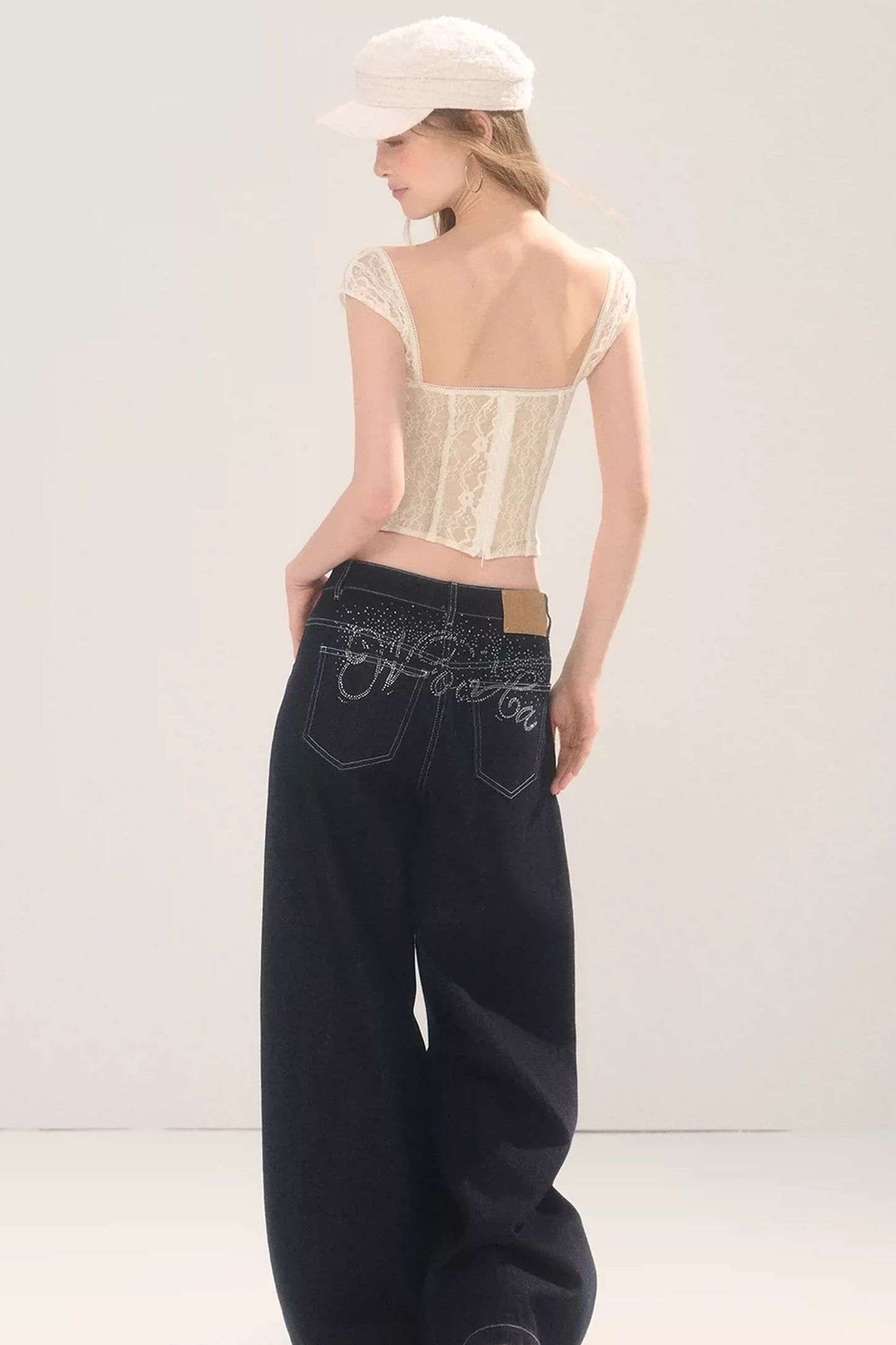 Rhinestone Wide-Leg Denim Pants