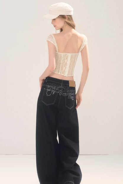 Rhinestone Wide-Leg Denim Pants