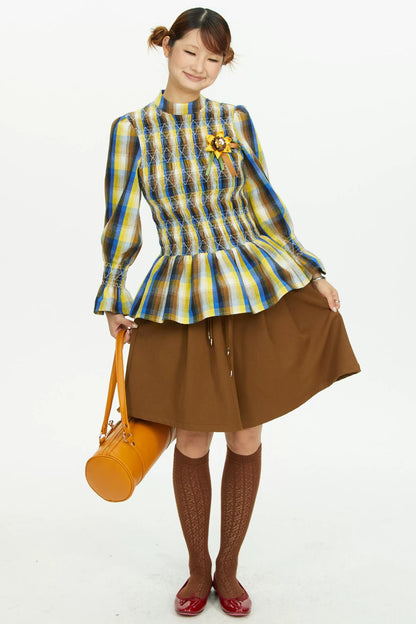 Brown Wide-Leg Ruffle Waist Shorts
