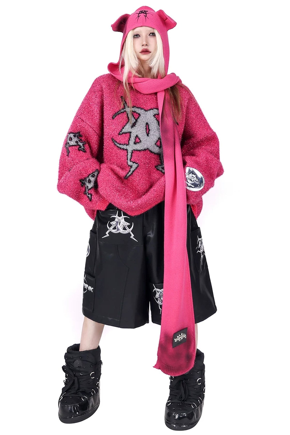 Cat Ear Graffiti Scarf Knit Hat