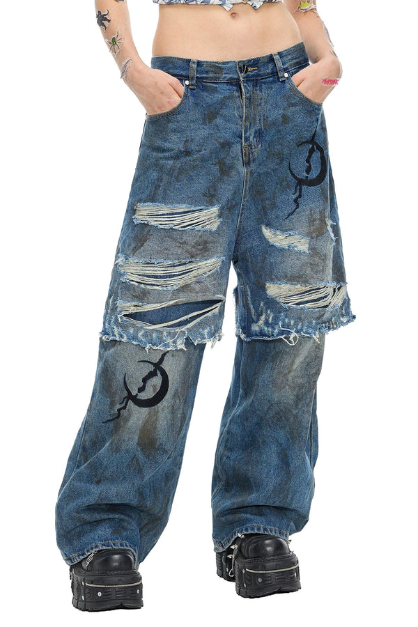 Electric Moon Distressed Double Layer Stacked Jeans
