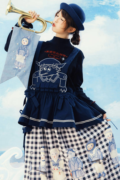 Layered-Look Wolf Embroidery Plaid Apron Dress