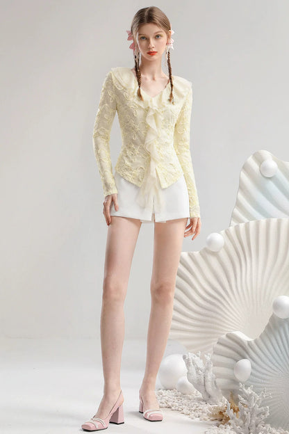 Yellow V-Neck Ruffle Straight Knit Top