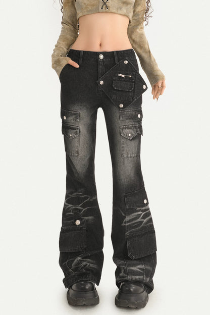 Black Vintage Workwear Flared Jeans